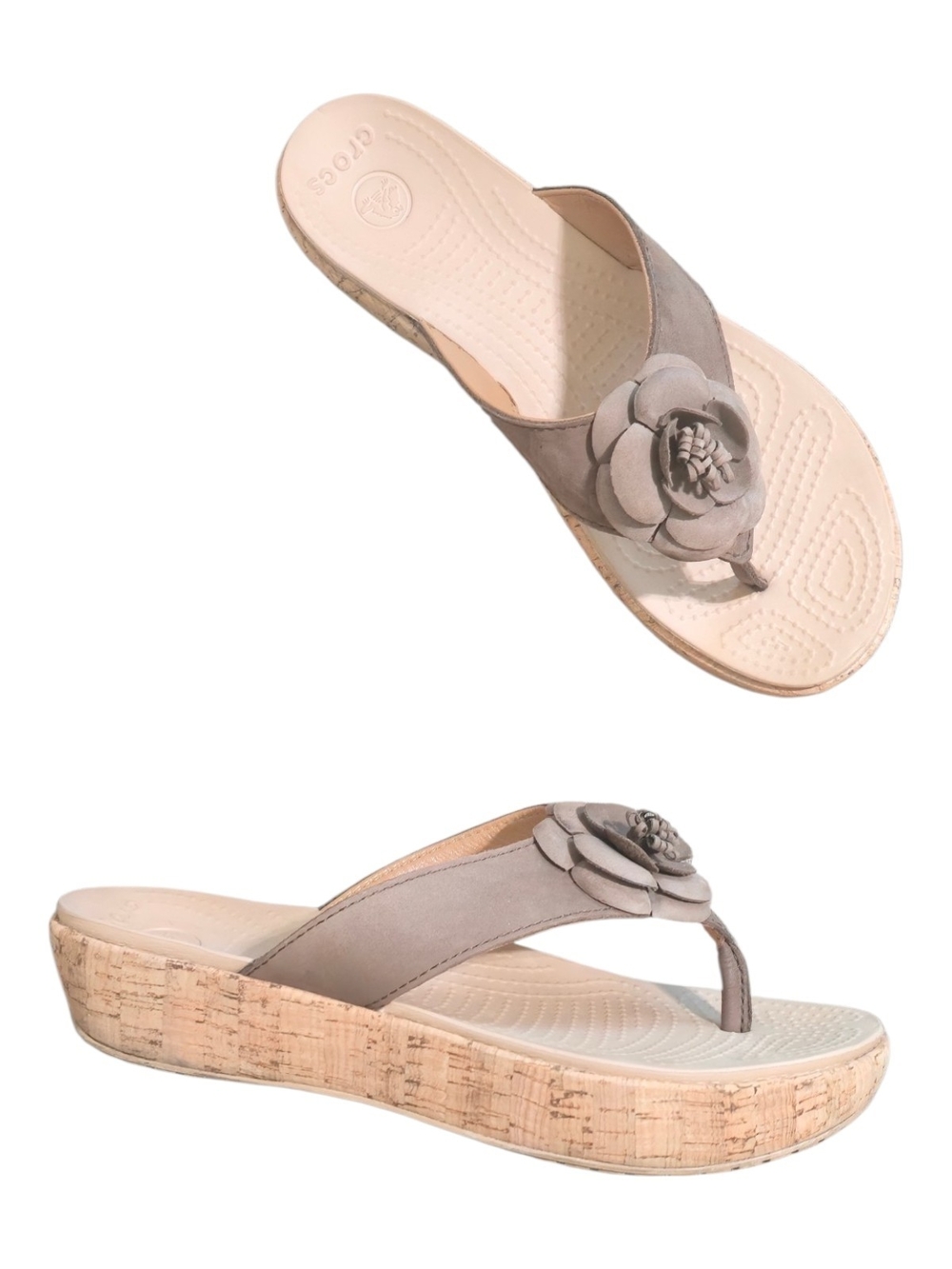 Crocs A-Leigh Floral Cork Wedge Flip Flop Sandals Taupe Brown Artsy Size 9 Boho